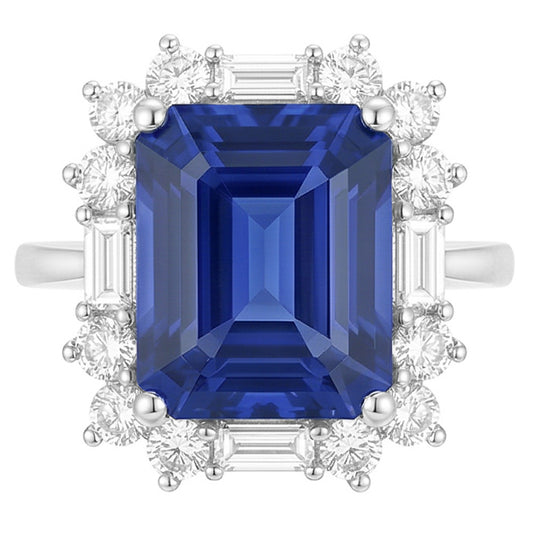 Anello Halo Emerald Blue Zaffiro Rotondo e Diamanti Naturali Autentici ( non creati in laboratorio ) Baguette 3.50 Carati