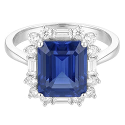 Anello Halo Emerald Blue Zaffiro Rotondo e Diamanti Naturali Autentici ( non creati in laboratorio ) Baguette 3.50 Carati