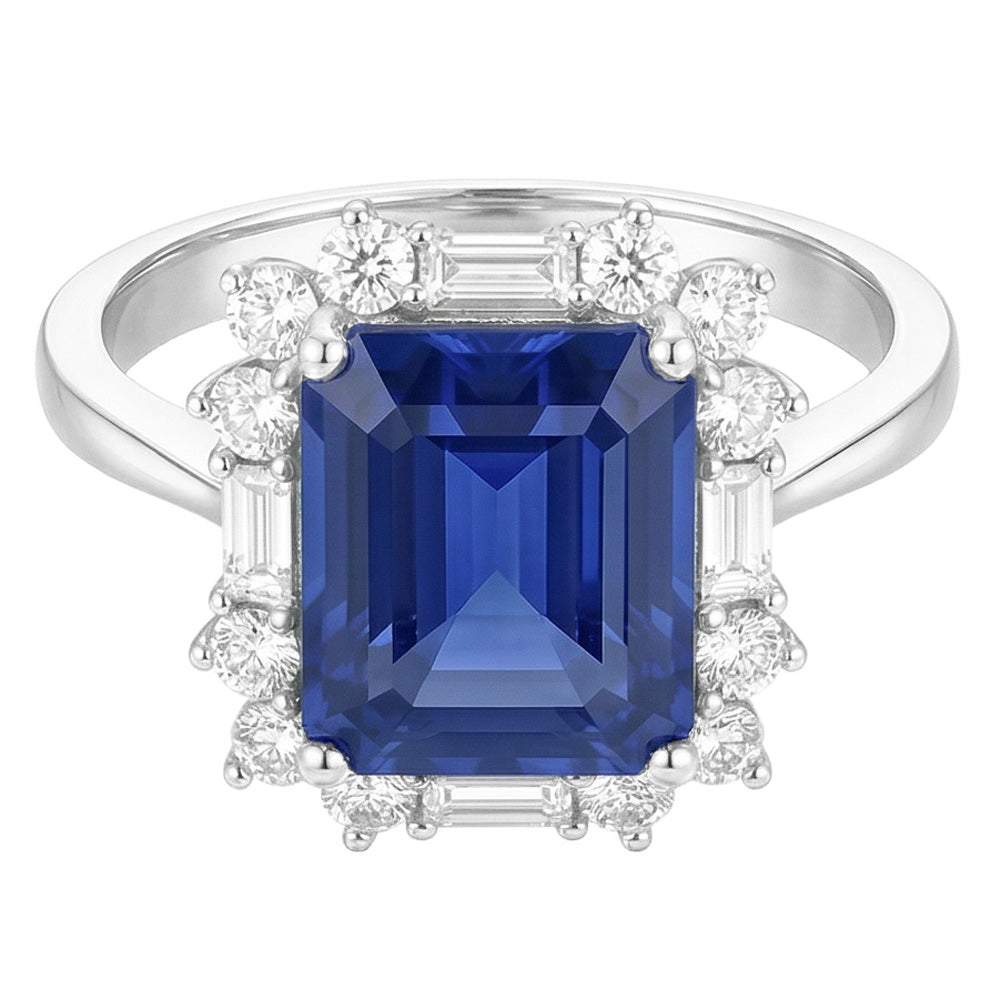 Anello Halo Emerald Blue Zaffiro Rotondo e Diamanti Naturali Autentici ( non creati in laboratorio ) Baguette 3.50 Carati