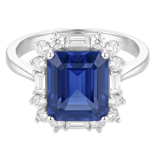 Anello Halo Emerald Blue Zaffiro Rotondo e Diamanti Naturali Autentici ( non creati in laboratorio ) Baguette 3.50 Carati