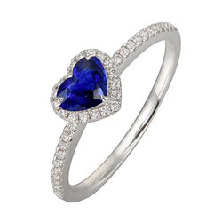 Anello Halo Heart con zaffiro Ceylon 3 carati e pavé di diamanti in oro bianco 14K