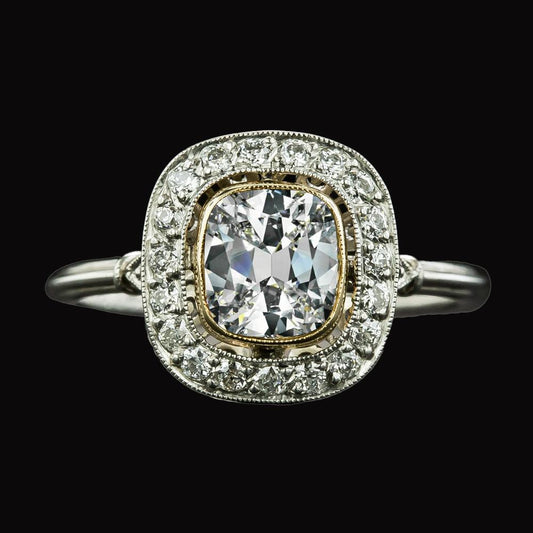 Anello Halo Il Giro & Cushion Vecchio Minatore Genuino Diamante Ring Two Tone 4.50 Carati