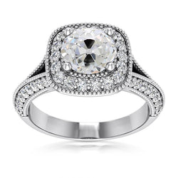 Anello Halo In Oro Bianco Con Cuscino Genuino Diamanti Taglio Antico 5,75 Carati Milgrain