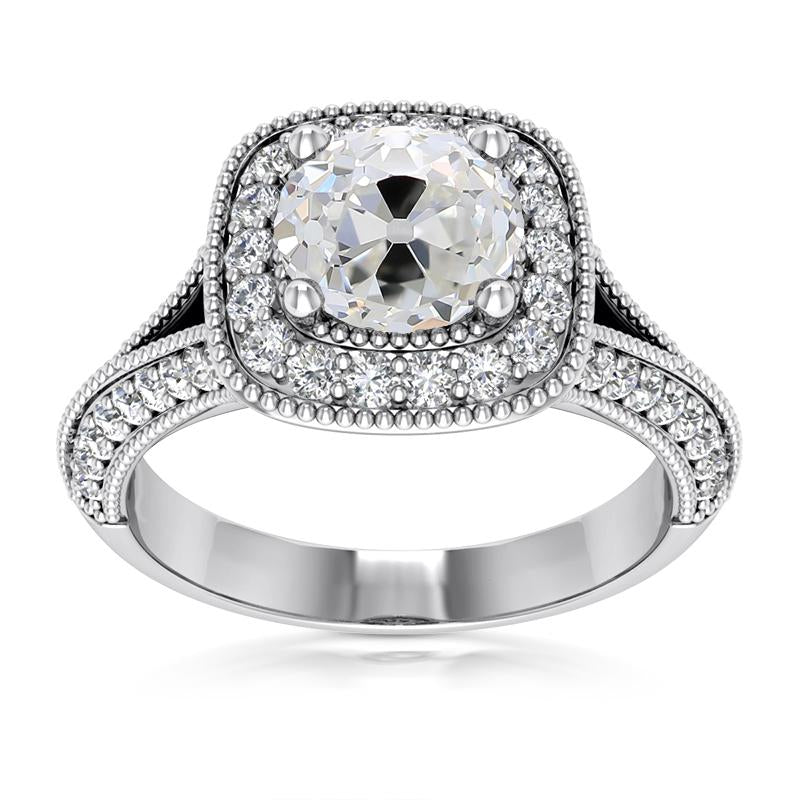 Anello Halo In Oro Bianco Con Cuscino Genuino Diamanti Taglio Antico 5,75 Carati Milgrain