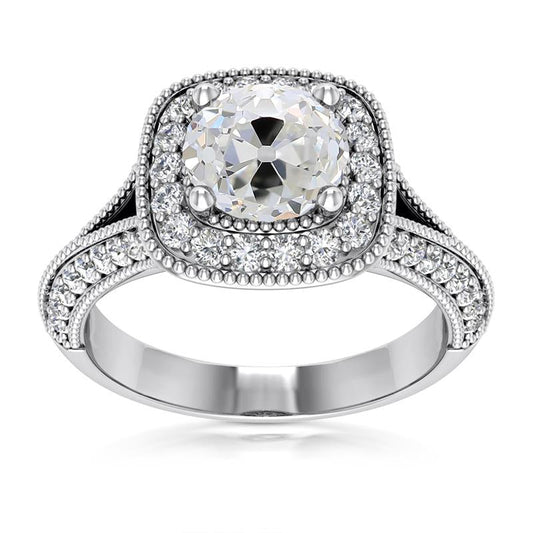 Anello Halo In Oro Bianco Con Cuscino Genuino Diamanti Taglio Antico 5,75 Carati Milgrain