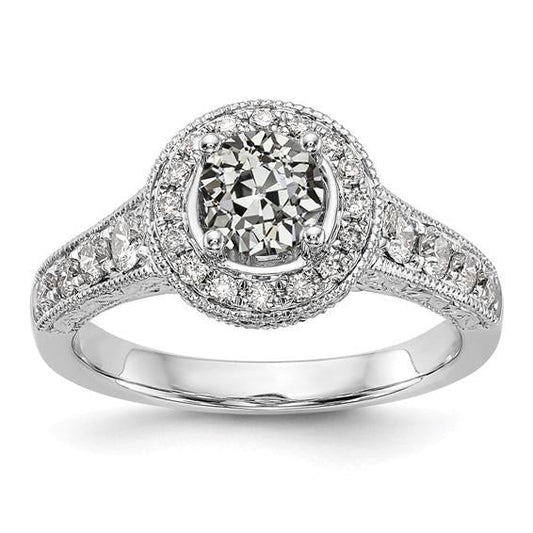 Anello Halo In Stile Antico Con Vero Diamante A Taglio Antico 3,25 Carati Con Gambo Milgrain