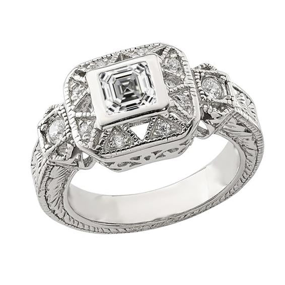 Anello Halo Milgrain Da 2 Carati Stile Antico Rotondo E Naturale Diamante Asscher