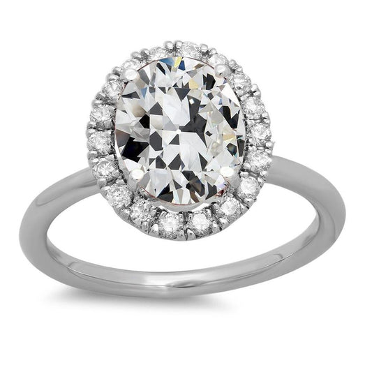 Anello Halo Naturale Diamante Ovale Taglio Antico Oro Bianco 14K 7.50 Carati