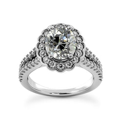 Anello Halo Naturale Diamanti Ovali Taglio Vecchio Stile Fiore 6 Carati Gambo Diviso