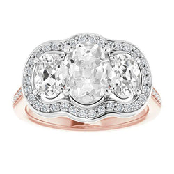 Anello Halo Ovale Con Genuino Diamanti Taglio Vecchio, Due Prong, Set 12 Carati