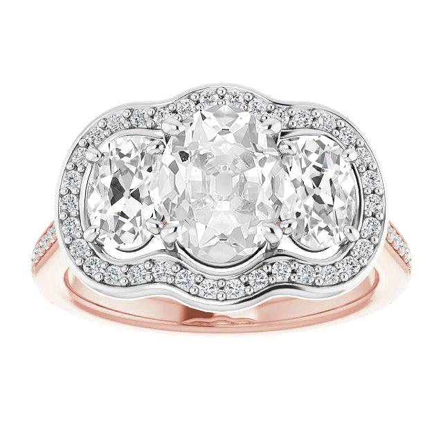 Anello Halo Ovale Con Genuino Diamanti Taglio Vecchio, Due Prong, Set 12 Carati