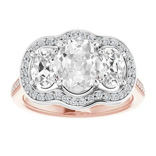 Anello Halo Ovale Con Genuino Diamanti Taglio Vecchio, Due Prong, Set 12 Carati