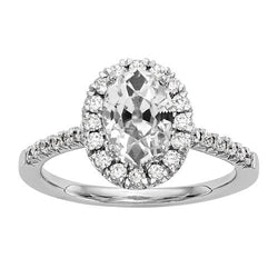 Anello Halo Ovale Con Naturale Diamanti A Taglio Antico, Gioielli In Oro Bianco 4.50 Carati
