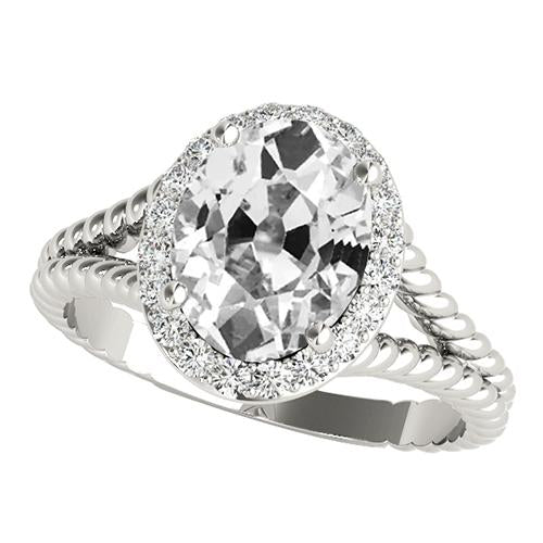 Anello Halo Ovale Taglio Vecchio Naturale Diamante Stile Corda Gambo Diviso 6 Carati