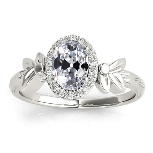 Anello Halo Ovale Vecchio Minatore Naturale Diamante Foglia Stile Vintage 4 Carati