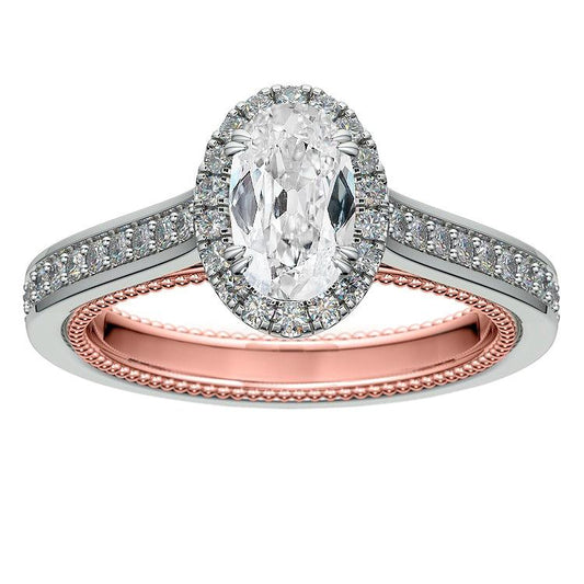 Anello Halo Ovale Vecchio Minatore Naturale Diamanti Accentati Gioielli 6 Carati Due Toni
