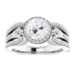 Anello Halo Pera E Naturale Diamanti Rotondi A Taglio Antico Con Accenti A Tripla Fila 5.50 Carati