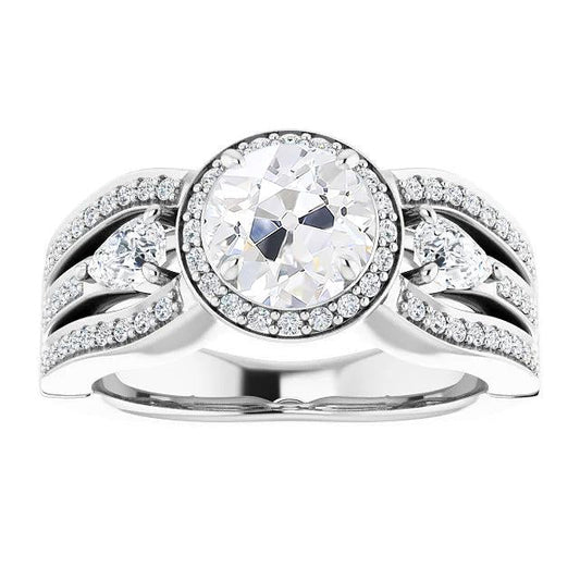 Anello Halo Pera E Naturale Diamanti Rotondi A Taglio Antico Con Accenti A Tripla Fila 5.50 Carati