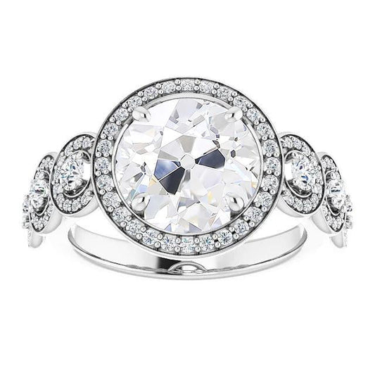 Anello Halo Rotondo Con Genuino Diamanti A Taglio Antico Con Punte Incastonate Da 10 Carati