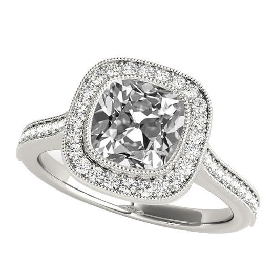 Anello Halo Rotondo E Cuscino Con Genuino Diamante Taglio Antico Con Accenti 6 Carati