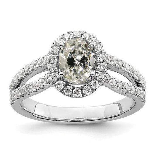Anello Halo Rotondo Ovale, Genuino Diamante Taglio Antico, Gambo Diviso, 5,50 Carati, Set Pavé