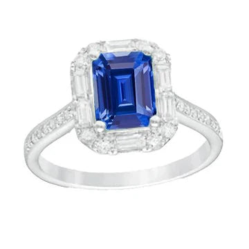 Anello Halo Zaffiro blu Baguette 3 carati e diamante rotondo in oro bianco 14K