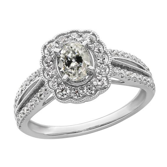 Anello Halo, Ovale, Con Naturale Diamante A Taglio Antico, A Griffe, Stile Fiore, 5 Carati In Oro