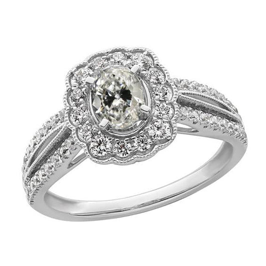 Anello Halo, Ovale, Con Naturale Diamante A Taglio Antico, A Griffe, Stile Fiore, 5 Carati In Oro