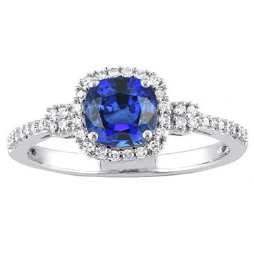 Anello Halo con Cushion Ceylon Sapphire da 3,50 carati e diamanti Prong in oro bianco 14K