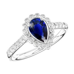 Anello Halo con Zaffiro Sri Lanka Pera 4 Carati e Diamanti in Oro Bianco 14K