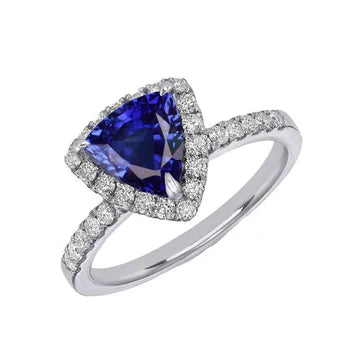 Anello Halo con accenti di zaffiro blu e diamanti da 3 trilioni di carati in oro bianco 14K