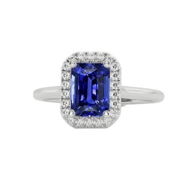Anello Halo con diamante a taglio brillante 3 carati blu zaffiro oro bianco 14K