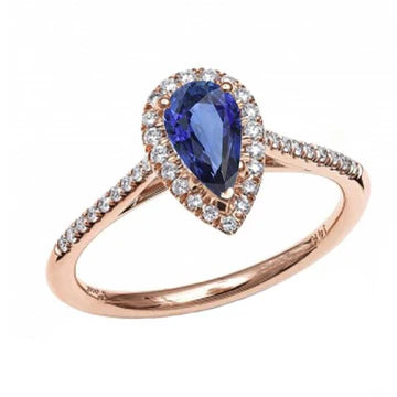 Anello Halo con diamanti zaffiro blu naturale Pear da 3 carati in oro rosa 14K