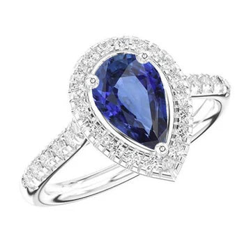 Anello Halo con zaffiro blu a forma di pera 4 carati e diamanti in oro bianco 14K