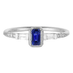 Anello Halo con zaffiro blu con baguette e diamanti tondi da 1,50 carati con Oro Bianco 14k