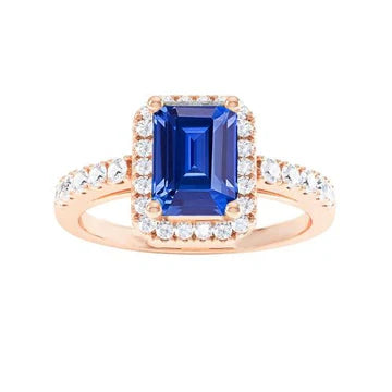 Anello Halo con zaffiro blu smeraldo da 3,50 carati e diamante rotondo in oro rosa 14K