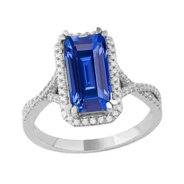 Anello Halo con zaffiro smeraldo dello Sri Lanka 4 carati e diamante in oro bianco 14K