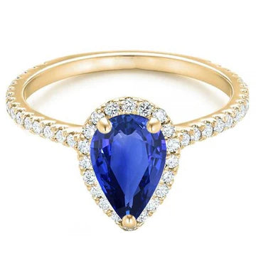 Anello Halo da donna con zaffiro pera 5 carati Sri Lanka e diamante in oro bianco 14K