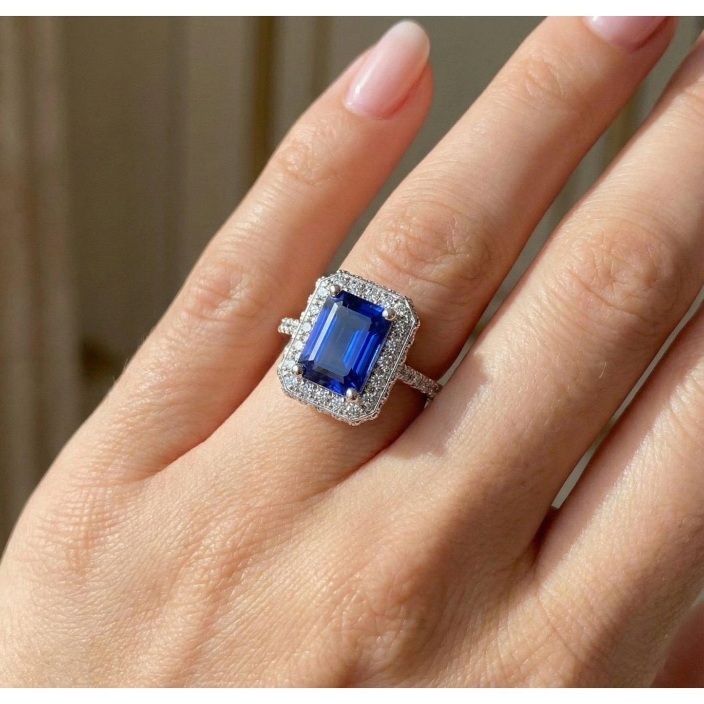 Anello Halo in oro bianco con smeraldo zaffiro di Ceylon e diamante 4.25 carati