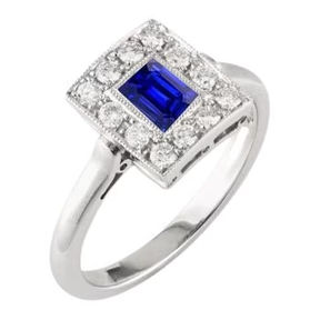 Anello Halo in stile vintage con zaffiro a forma di smeraldo da 2 carati in Milgrain con oro bianco 14K
