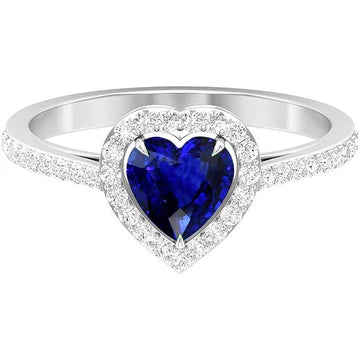 Anello HeartHalo con 3 carati di zaffiri blu con pavé di diamanti in oro bianco 14K