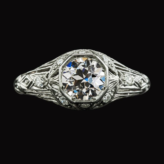Anello In Filigrana Di 3 Carati Con Vero Diamante Taglio Vecchio Miniera Tondo Stile Antico