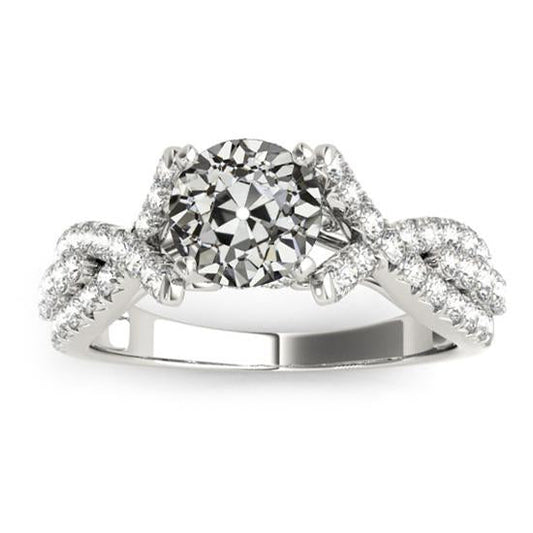 Anello In Oro 14K Con Genuino Diamante Taglio Vecchio Rotondo Con Gambo Ritorto, Set Di 4,50 Carati Con Pavé