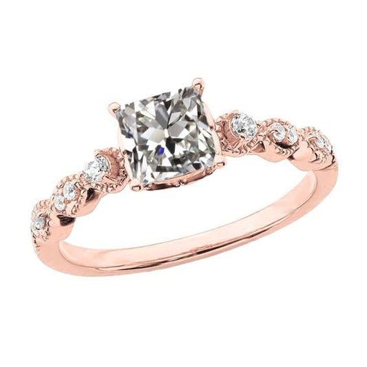 Anello In Oro 14K Rotondo E Cuscino Con Genuino Diamanti A Taglio Antico, 3 Carati, Gioielli Da Donna