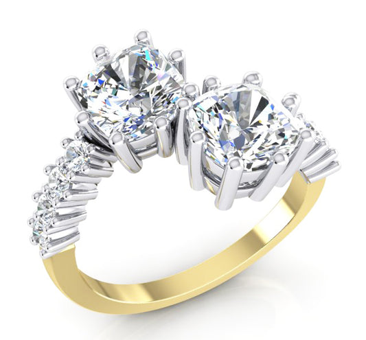 Anello In Oro Bianco 14 Carati Con Doppio Diamante Taglio Cuscino Da 3,30 Carati