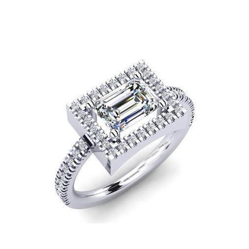 Anello In Oro Bianco 14K Con Splendido Smeraldo E Taglio Rotondo Con Vero Diamante Halo Da 2,41 Ct