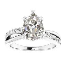 Anello In Oro Bianco Con Naturale Diamanti A Taglio Antico E Pera, 7 Carati, Gioielli Da Donna