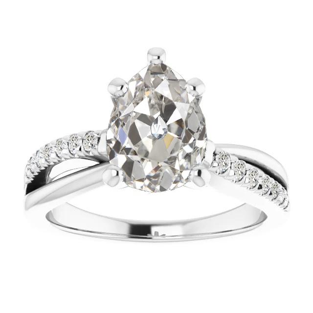 Anello In Oro Bianco Con Naturale Diamanti A Taglio Antico E Pera, 7 Carati, Gioielli Da Donna
