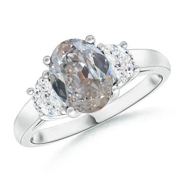 Anello In Oro Con 3 Pietre Di Vero Diamanti Taglio Ovale Vecchio Minatore E Mezze Lune 4.50 Carati
