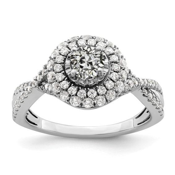 Anello In Oro Con Doppia Aureola, Rotondo, Con Naturale Diamante Di Taglio Antico, Gambo Intrecciato, 3,50 Carati